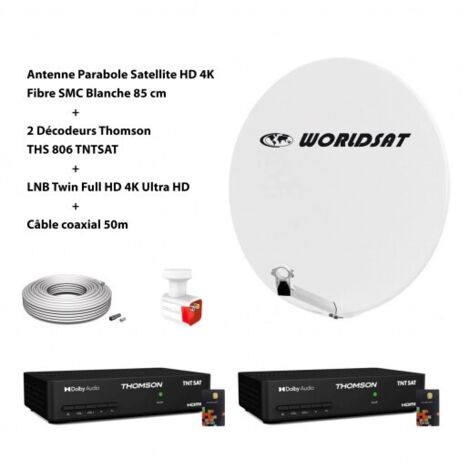 Kit Antenne Parabole Sat HD 4K Fibre SMC Blanche 85cm WORLDSAT + 2 Décodeurs Thomson THS 806 TNTSAT + LNB Twin Full HD 4K Ultra HD + Câble coaxial 50m