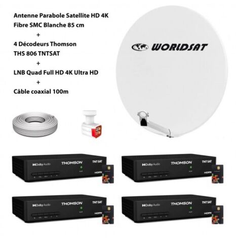 Kit Antenne Parabole Sat HD 4K Fibre SMC Blanche 85cm WORLDSAT + 4 Décodeurs Thomson THS 806 TNTSAT + LNB Quad 4K Ultra Full HD + Câble coaxial 100m
