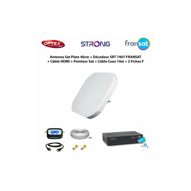 Kit Antenne Satellite Plate 40cm + Décodeur srt 7407 hd fransat + Câble hdmi + Pointeur Satellite + Câble Coaxial 10m + 2 Fiches f