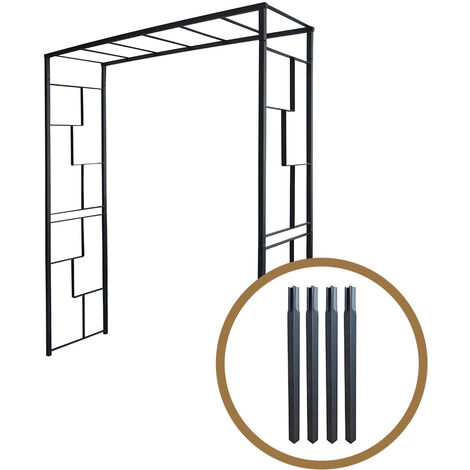 Kit arche de jardin Linéale en acier anthracite tubes carrés grand modèle + 4 supports poteaux à enfoncer