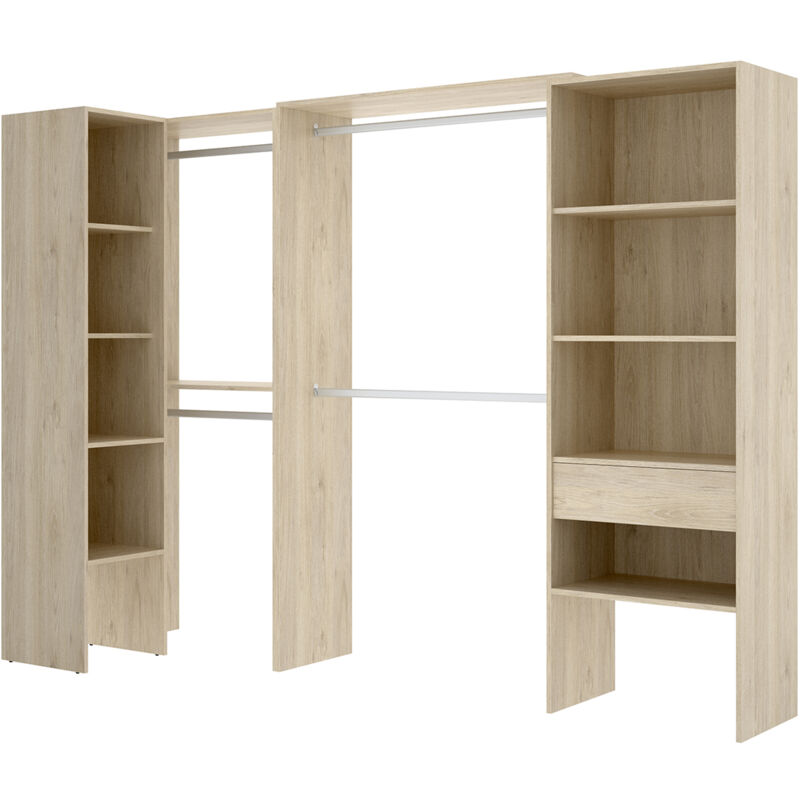 Pegane - Kit armoire dressing d'angle en bois mélaminé coloris chêne naturel - Longueur 248 x Profondeur 79 x Hauteur 187 cm