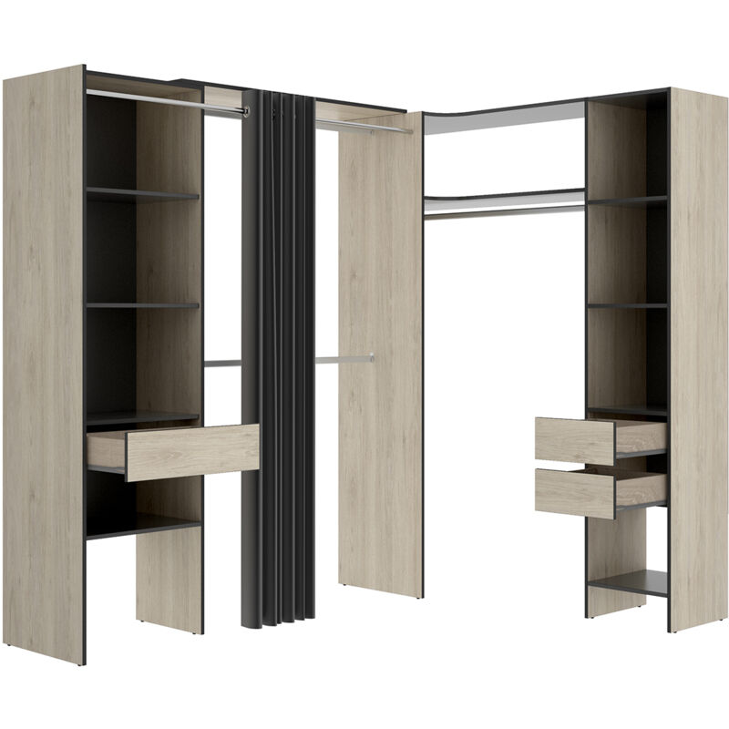 Pegane - Kit armoire dressing d'angle extensible en bois mélaminé coloris chêne naturel, graphite - Longueur 164-214 x Profondeur 141 x Hauteur 205 cm