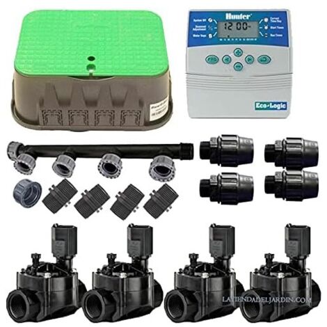 Kit Arrosage Automatique 4 zones pour irrigation pour programmateur électrique. Controlateur Hunter ELC401 + Electrovannes 100H