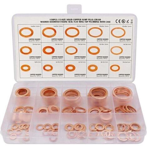 Kit assorti de 150 joints de vidange en cuivre (M5, M6, M8, M10, M12, M14, M16, M18, M20, M22, 15 tailles, rondelles plates pour joints à vis et bagues d'étanchéité).