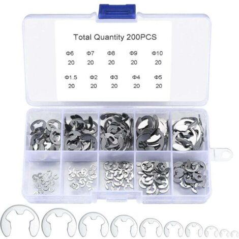 Kit Assortiment 200 Éclips Anneaux Retenue Acier Inoxydable Tailles 1.5 à 10 mm