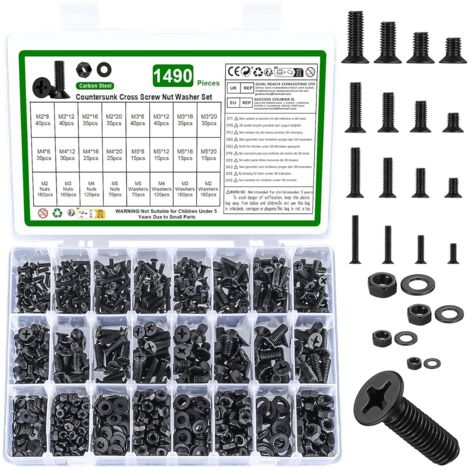 Kit assortimento da 1490 pezzi di viti e dadi M2 M3 M4 M5, bulloni a testa svasata Phillips con rondelle nere
