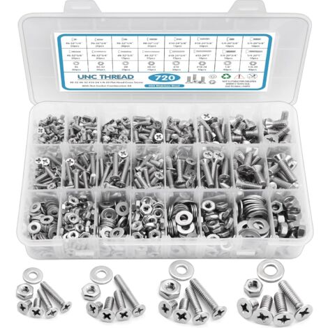 Kit assortimento dadi e bulloni da 720 pezzi, viti a macchina, SATANTECH 6-328-3210-241/4-20, set di viti in acciaio inossidabile, testa piatta Phillips, 16 dadi assortiti di dimensioni SAE, rondelle 