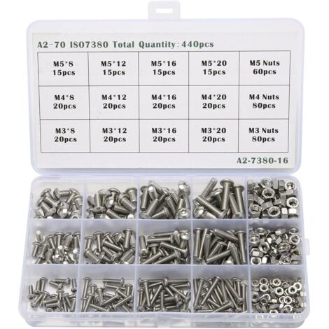 Kit assortimento di 440 bulloni per cavi con testa a bottone e testa esagonale in acciaio inossidabile M3 M4 M5 con dado di bloccaggio e scatola di immagazzinaggio