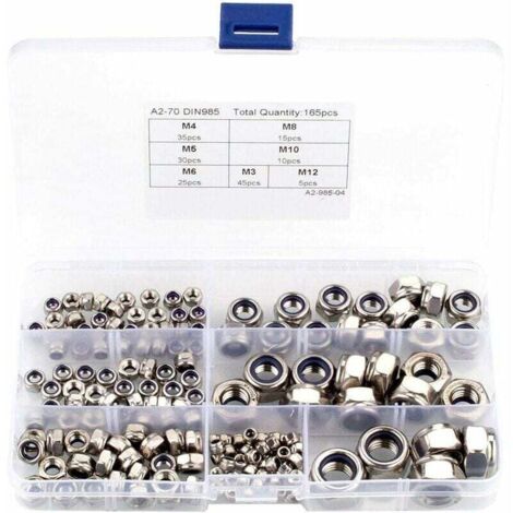 Kit assortimento di dadi di bloccaggio in nylon da 165 pezzi, dadi di bloccaggio esagonali in acciaio inossidabile 304 con custodia in plastica (dadi Nylstop: M3 M4 M5 M6 M8 M10 M12) Cisea