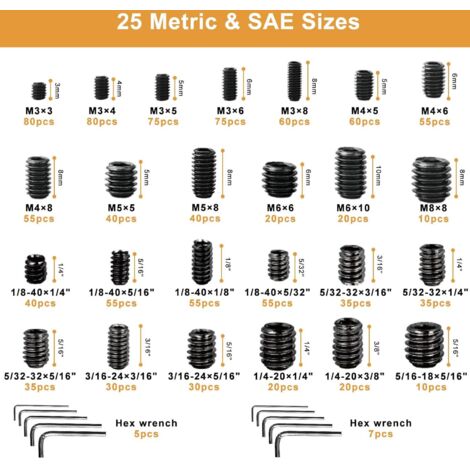 Kit assortimento viti di fermo metriche e SAE, 1105 pezzi, 25 dimensioni, chiave esagonale interna, set di viti con punta di taglio in acciaio legato, da M3 a M8 e da 1/8-40 a 5/16-18