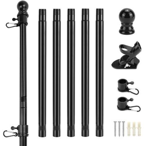 Kit asta portabandiera da esterno - Asta portabandiera in metallo da 180 cm con staffa a muro, testa a gomito e anello girevole - Sospensione a 45°/90° - Lunghezza regolabile