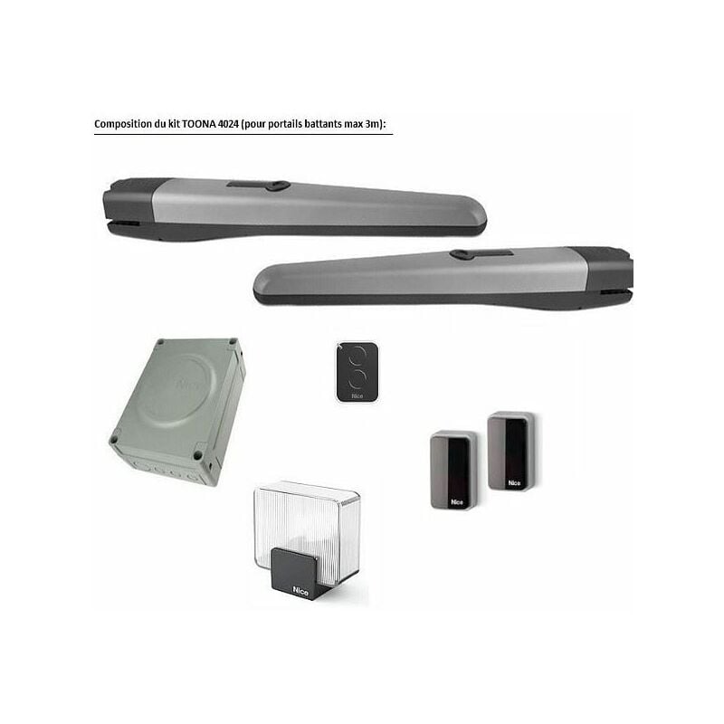 Kit motorisation toonakit pour portails battants jusqu'à 3m, téléco +cellule + feu Nice