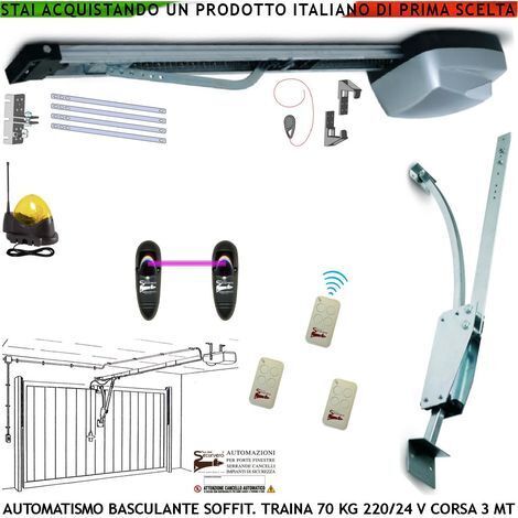Kit Automazione Motore 220/24 V da Soffitto Per Cler Basculante 70 Kg Faro Antenna 3 Radiocomandi Fotocellule Archetto Binario Alluminio Con Catena Acciaio 3 Metri Sblocco Sul Pattino Luce di Cortesia