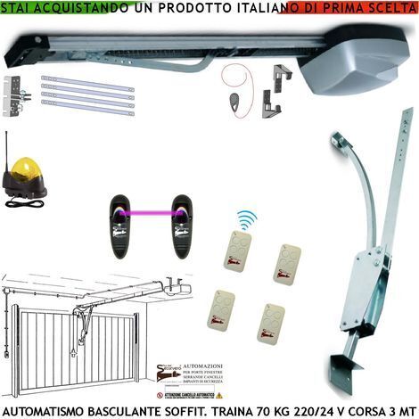 Kit Automazione Motore 220/24 V da Soffitto Per Cler Basculante 70 Kg Faro Antenna 4 Radiocomandi Fotocellule Archetto Binario Alluminio Con Catena Acciaio 3 Metri Sblocco Sul Pattino Luce di Cortesia