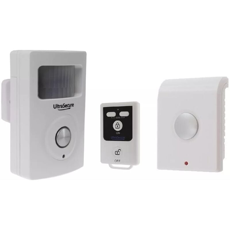 Ultra Secure - Kit autonome sans-fil : Détecteur de mouvement avec sirène intégrée + sirène intérieure + télécommande (gamme bt)