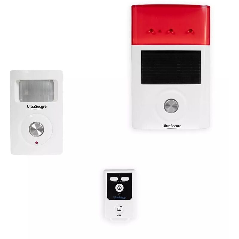 Ultra Secure - Kit autonome sans-fil : Détecteur de mouvement sirène intégrée + sirène solaire extérieure + télécommande (gamme bt)