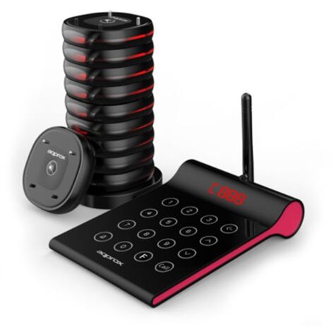 KIT AVISADOR DE CLIENTES APPROX 10 AVISADORES RANGO 400m 32h DE BATERIA TRANSMISOR TACTIL 4 DIGITOS CON BASE DE CARGA PARA 10u