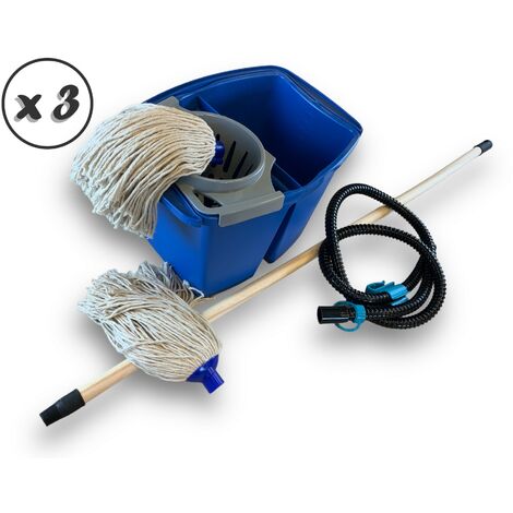 Kit Balai à Franges Espagnol  Seau 2x7L + aquafill  Manche 1,25m - Quantité x 3 - Seau double bacs pro avec Aquafil