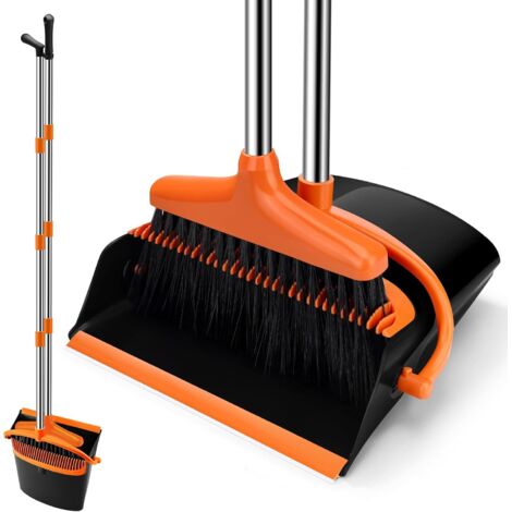 Kit balai et dépoussiéreur, kit balai vertical, dépoussiéreur pliant avec design de peigne, balai rétractable, kit balai pour la maison, le Bureau, l'étude (orange)