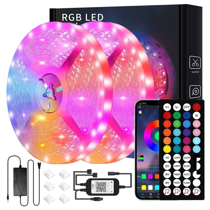 Ruban led 20M (10mx2) Bleutooth Bande led 5050 rgb, Contrôlé par app du Smartphone et Télécommande, Synchroniser avec Rythme de Musique/Fonction de