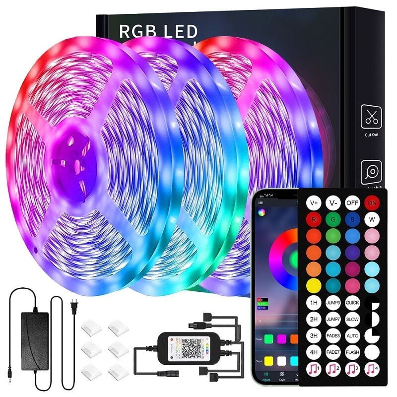 Ruban led 30M (15mx2) Bleutooth Bande led 5050 rgb, Contrôlé par app du Smartphone et Télécommande, Synchroniser avec Rythme de Musique/Fonction de