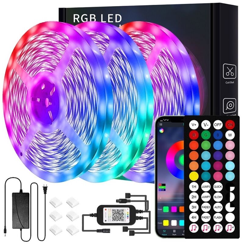 Ruban led 30M (15mx2) Bleutooth Bande led 5050 rgb, Contrôlé par app du Smartphone et Télécommande, Synchroniser avec Rythme de Musique/Fonction de