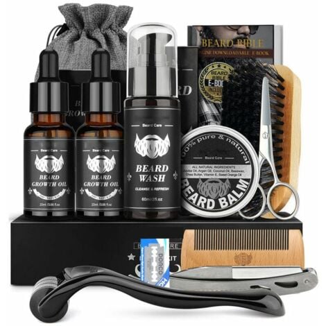 Kit Barbe Homme Complet Kit de Soin Barbe Homme avec Rouleau Barbe Contenir Shampoing Barbe,Huile Barbe,Crèmes de Barbe, Peigne Barbe,Brosse à Barbe,Ciseaux Barbe, Rasoir,ames Barbe..DEBUNS