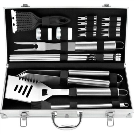 Kit barbecue 20 pièces : ustensiles en acier inoxydable dans un étui en aluminium.