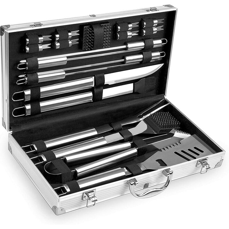 Kit barbecue in acciaio inossidabile - Custodia in alluminio - Utensili per barbecue professionali - Set da 18 pezzi