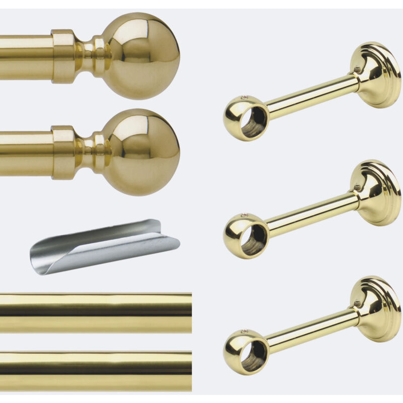 Kit barre à rideaux 3m00 Laiton Poli Verni 20mm Mur Contemporain Boulet