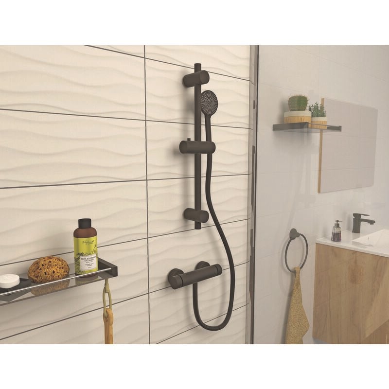 Kit barre de douche à douchette sans mitigeur silky - H65cm - Finition noir mat