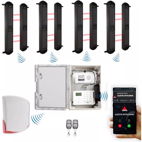 Kit barrières infrarouges solaires sans fil 900m (4 jeux de 2B) – Alarme extérieure + coffret GSM et sirène ext (DA600+)