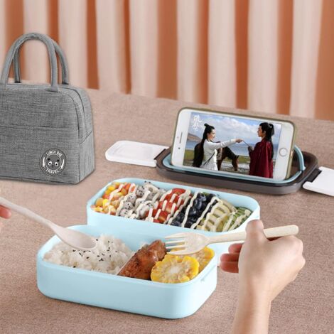 Kit Bento Lunch Box, Lunch Box ermetico a doppio strato da 1400 ml con posate e borsa termica, per picnic, lavoro, spuntini, Bento Box adatto al microonde (blu)