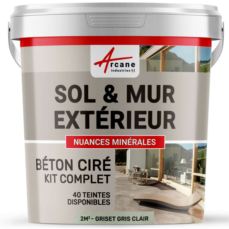Arcane Industries - Béton ciré extérieur pour sol mur terrasse escalier enduit décoratif minéral en kit - 2 m² (en 2 couches) Griset Gris Clair