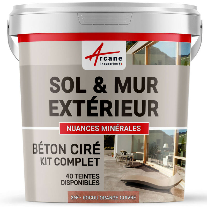 Arcane Industries - Béton ciré extérieur pour sol mur terrasse escalier enduit décoratif minéral en kit - 2 m² (en 2 couches) Rocou Orange Cuivre
