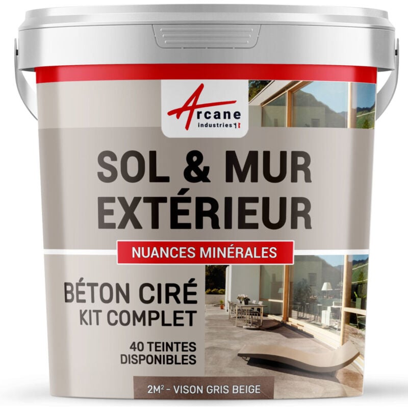 Arcane Industries - Béton ciré extérieur pour sol mur terrasse escalier enduit décoratif minéral en kit - 2 m² (en 2 couches) Vison Gris Beige