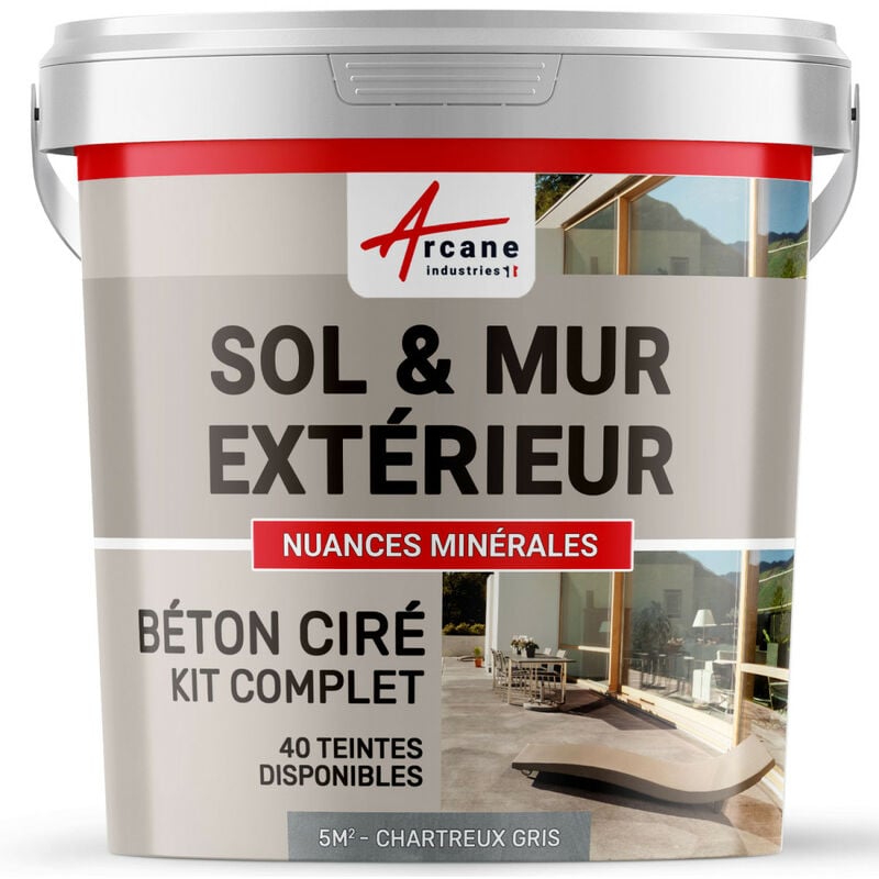 Arcane Industries - Béton ciré extérieur pour sol mur terrasse escalier enduit décoratif minéral en kit - 5 m² (en 2 couches) Chartreux - Gris