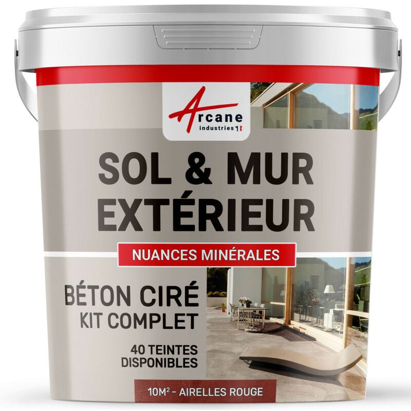 Arcane Industries - Béton ciré extérieur pour sol mur terrasse escalier enduit décoratif minéral en kit - 10 m² (en 2 couches) Airelles Rouge