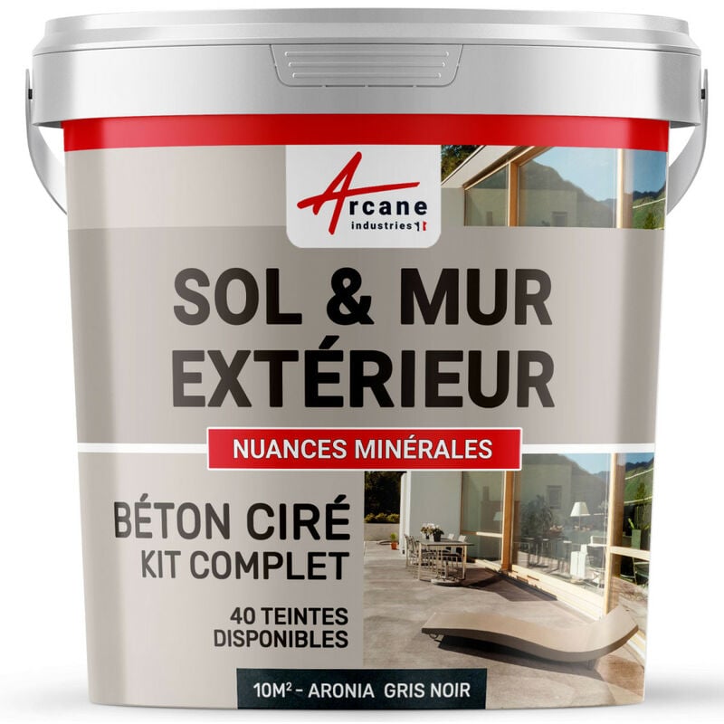 Arcane Industries - Béton ciré extérieur pour sol mur terrasse escalier enduit décoratif minéral en kit - 10 m² (en 2 couches) Aronia Gris Noir