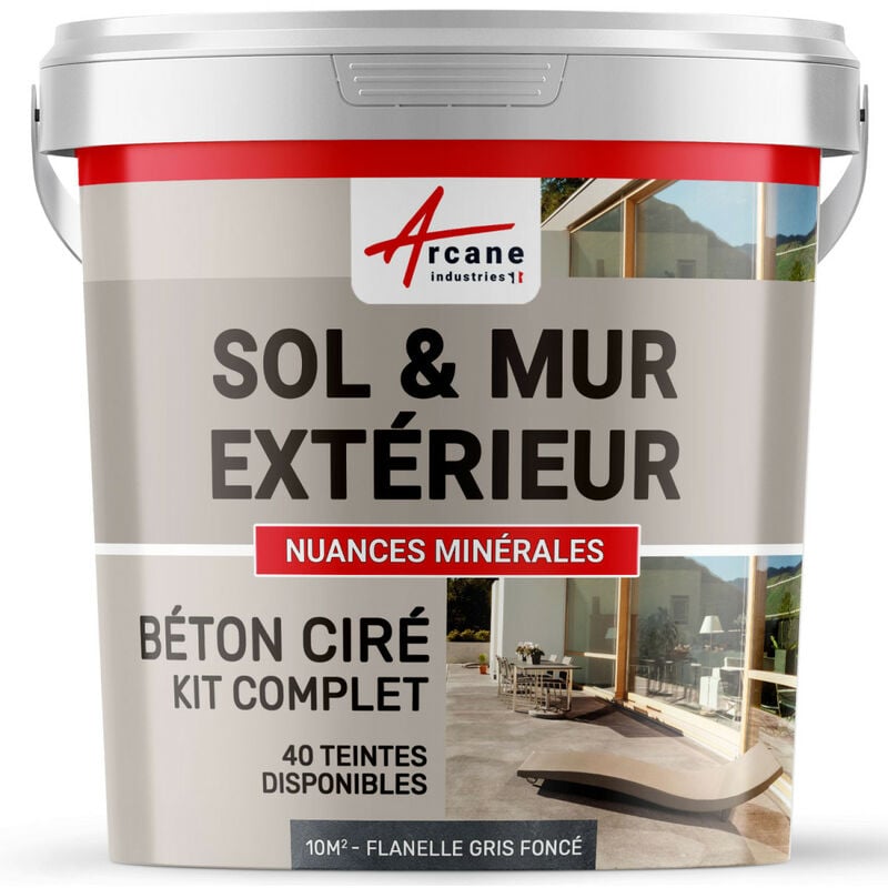 Arcane Industries - Béton ciré extérieur pour sol mur terrasse escalier enduit décoratif minéral en kit - 10 m² (en 2 couches) Flanelle Gris Foncé
