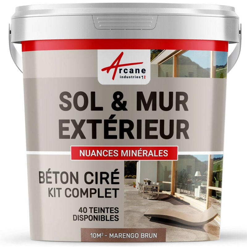 Arcane Industries - Béton ciré extérieur pour sol mur terrasse escalier enduit décoratif minéral en kit - 10 m² (en 2 couches) Marengo Brun