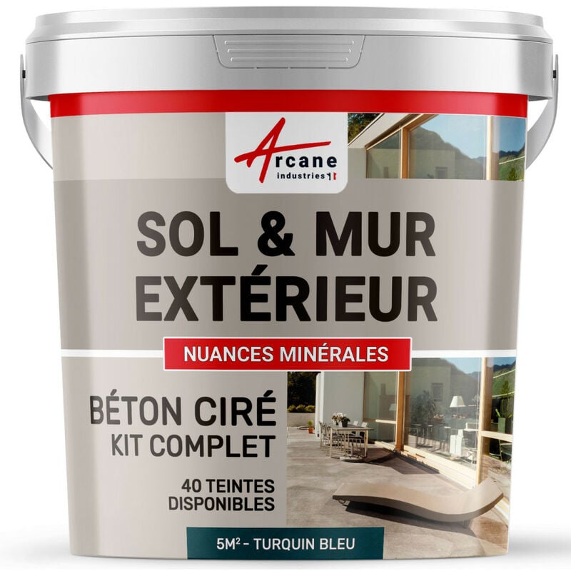 Arcane Industries - Béton ciré extérieur pour sol mur terrasse escalier enduit décoratif minéral en kit - 5 m² (en 2 couches) Turquin Bleu