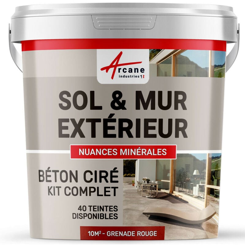 Arcane Industries - Béton ciré extérieur pour sol mur terrasse escalier enduit décoratif minéral en kit - 10 m² (en 2 couches) Goyave Rouge