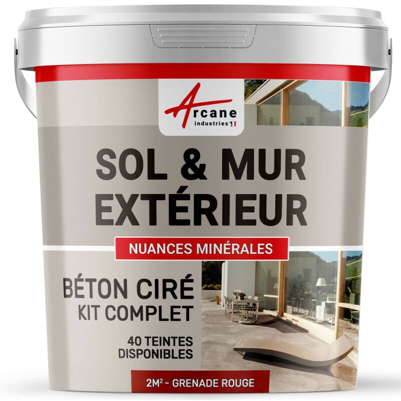 Arcane Industries - Béton ciré extérieur pour sol mur terrasse escalier enduit décoratif minéral en kit - 2 m² (en 2 couches) Grenade Rouge