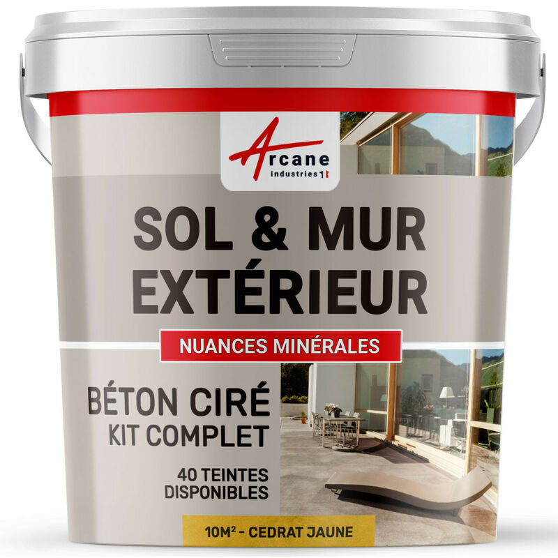 Arcane Industries - Béton ciré extérieur pour sol mur terrasse escalier enduit décoratif minéral en kit - 10 m² (en 2 couches) Cédrat Jaune