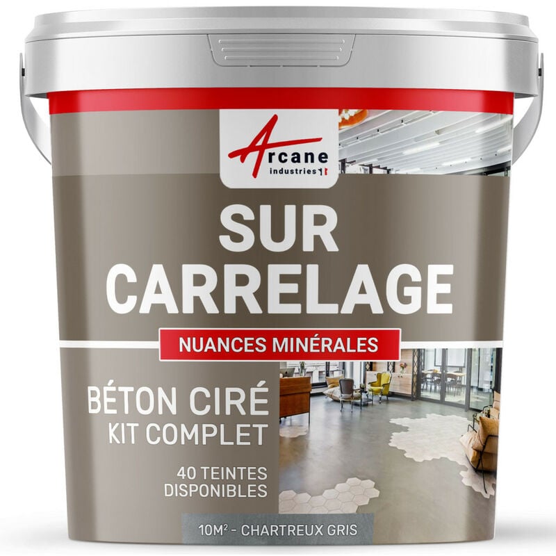 Arcane Industries - Béton ciré sur carrelage cuisine salle de bain mural sol plan de travail décoratif revêtement douche kit - 10 m² (en 2 couches)