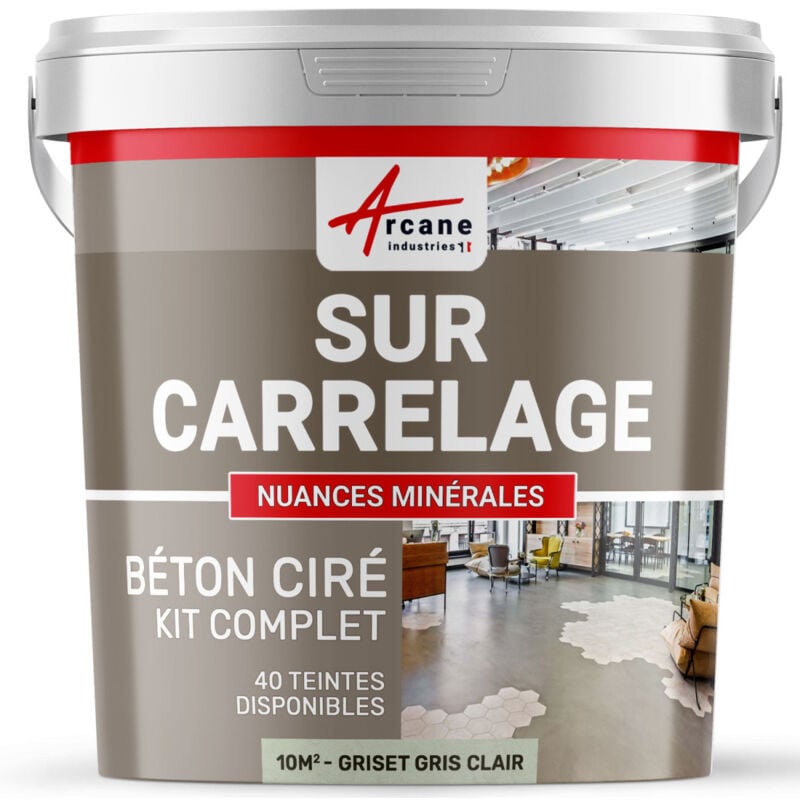 Arcane Industries - Béton ciré sur carrelage cuisine salle de bain mural sol plan de travail décoratif revêtement douche kit - 10 m² (en 2 couches)