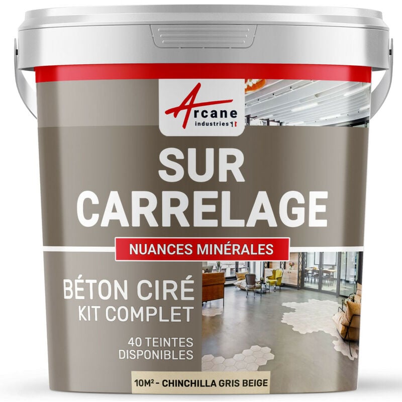 Arcane Industries - Béton ciré sur carrelage cuisine salle de bain mural sol plan de travail décoratif revêtement douche kit - 10 m² (en 2 couches)
