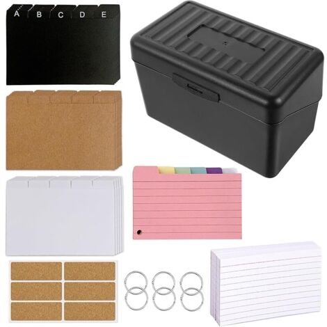 Kit Boîtes Index Noire, Fiche Flash Revision, Fiches Doublures Colorée avec 6 Anneaux, 6 Autocollants, Boîte Cartes Apprendre Mémoire pour Notes, Fournitures Scolaires, Bureau, Déplacements, Recettes