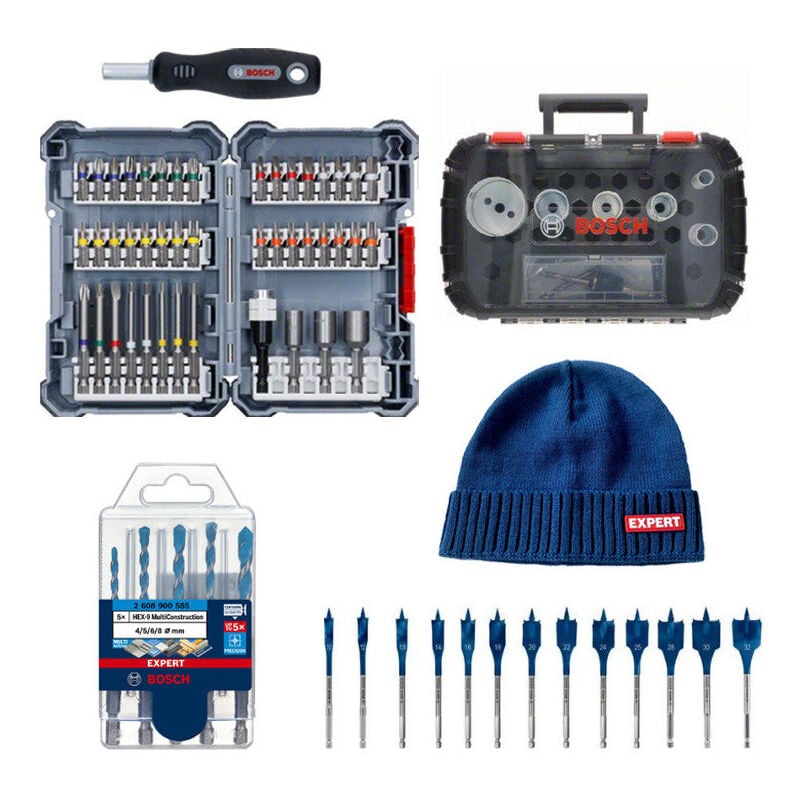 Kit BOSCH 5 forets expert + Assortiment d’embouts de vissage + Coffret de scie trépan + Trousse mèches plates + Bonnet